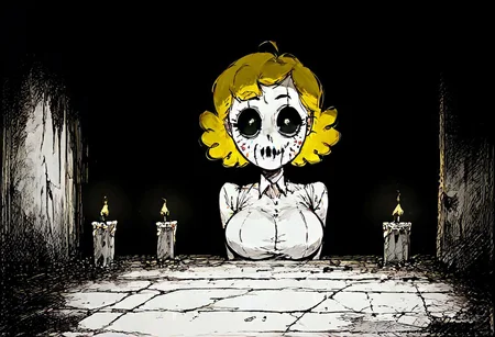 zPDXL3, Expressiveh, score_9, score_8_up, score_7_up, score_6_up, score_5_up, BREAK, 1girl, solo, Amy, robot, nandroid, Blonde Hair, Curly Hair, wearing Jason Voorhees mask, pt3jasonvoorhees, horror themed, evil looking, looking at viewer, dark room, glowing eyes, shaded face, (black face:1.2)