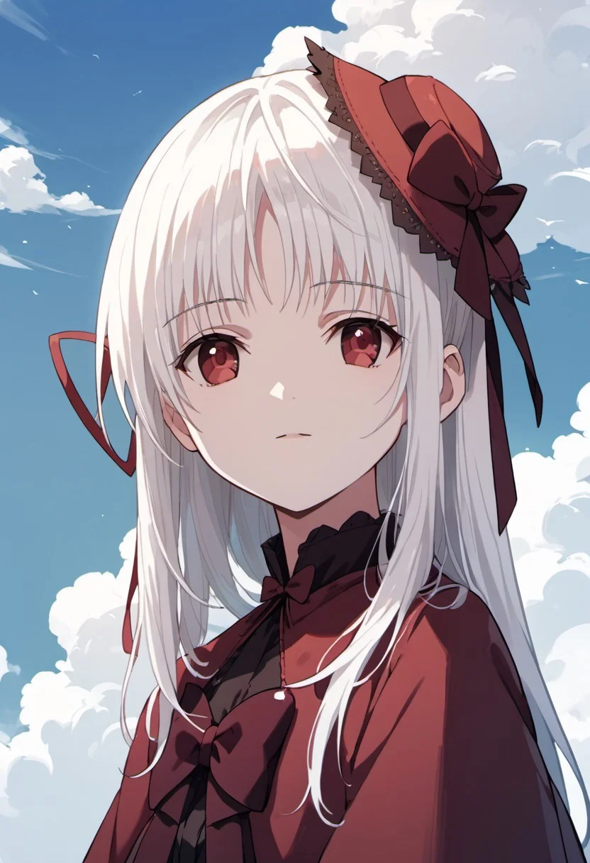 score_9, score_8_up, score_7_up, source_anime,kushina anna, white hair, long hair, red eyes, 1girl, solo, hat, anime coloring, ribbon, bow, sky, hair ribbon, cloud, looking at viewer, day