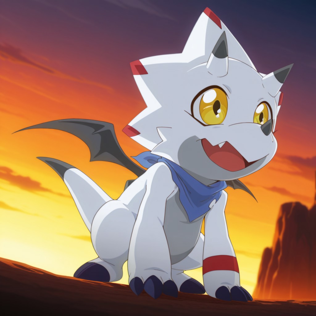 ((masterpiece, best quality, amazing quality,))  GammaGil, semi-anthro, Gammamon, ceratopsian, white skin, yellow eyes, blue neckerchief, horns, nose horn, tail, ,outside, bat-wings, solo, full body