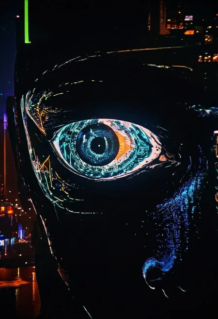darkcomic, a close-up of a glowing humanoid eye, with intricate light patterns reflecting the surrounding neon cityscape