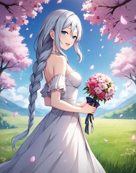 yoisaki_kanade, grey hair, very long hair, blue eyes, braided ponytail, white dress, long dress, frilled dress, elegant dress, off shoulder, official art BREAK outside, cherry blossom tree on background, floating pink petals, field of grass BREAK looking at viewer, sexy face, sexy smile, open mouth, cowboy shot, holding bouquet, white bouquet, from side, looking at side BREAK score_9, score_8_up, score_7_up, source_anime ,zPDXL, perfect hand,<lora:Yoisaki_Kanade:0.8>, petite body, small breasts, dutch angel