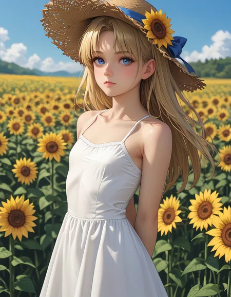 score_9_up, score_9, score_8_up, score_7_up, rating_explicit, 1girl, flat chest, tiny tits,dress,solo,hat,flower,outdoors,straw hat,long hair,white dress,blonde hair,sunflower,blue eyes,arms behind back,blurry,sky,day,field,cloud,closed mouth,bare shoulders,sleeveless dress,blurry background,sleeveless,depth of field,standing,flower field,sundress,looking at viewer,blue sky,sun hat,from side,yellow flower,sunlight,small breasts,backless outfit,backless dress, <lora:ill-xl-01-void_0_1-000036:1>,