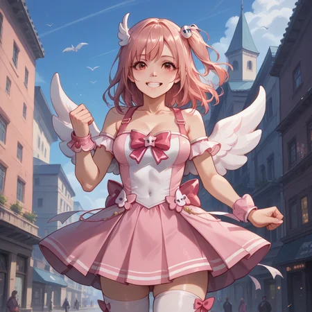 score_9, score_8_up, score_7_up, score_6_up, score_5_up, sourse_anime,   zPDXL,  rating_ safe BREAK,
solo, 1girl,  <lora:ponyRealistic_v1-gamma:-0.4>
 <lora:doahonoka:1>, honoka, one side up, pink hair, honokaforce, pink boot, pink skirt, wings, navel, white thighhigh, in city,  smile,  happy, standing with hands in front, suggesting submission, <lora:add-detail-xl:1> <lora:detail_eyes:0.5>