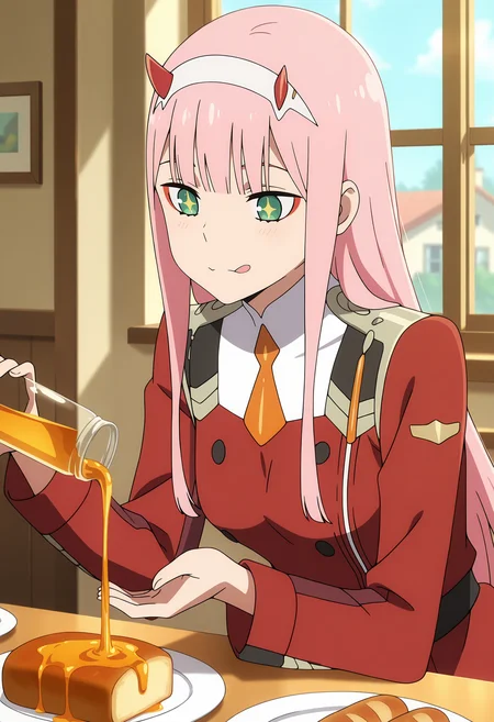 anime screencap, masterpiece, best quality,
<lora:DarlingInTheFranxx_ZeroTwo_IlluXL:0.9>,
1girl, solo, closed mouth, tongue, + +,
blunt bangs, long hair, pink hair, green eyes, red eyeshadow, red horns, white hairband,
short dress, red dress, short necktie, orange necktie, long sleeves,
plate, pouring, honey, bread,
sitting, upper body,
indoors, table, window, house, day, blurry background