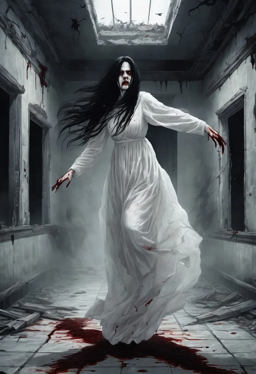 Female ghost, wearing long white dress, flying, floating, long nails, blood, bloody, very long black hair, damaged face, horror feel, building, abandoned building, old building, night, dark, detailed background, scary, frightening