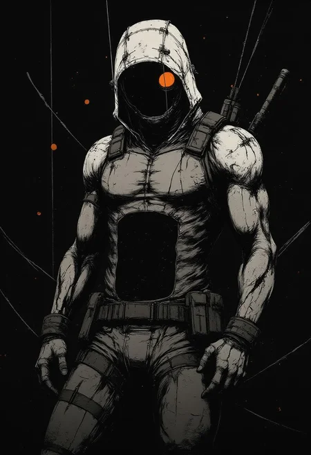 CyberpunkHorrorAnime,
A shirt design of a silhouette of a man standing infront of a black abyss