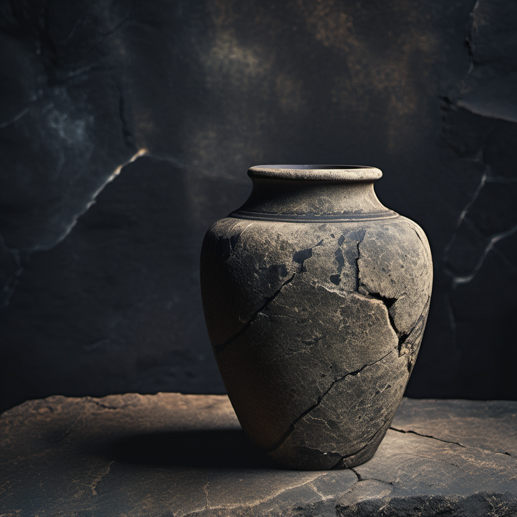 cinematic photo vase, pbr texture old stone, (masterpiece,best quality:1.6),Fearful, Contax G1/G2 Camera ,film camera, , cracked sandstone weathered, dark, simple background
 <lora:sandstone-SDXL-m:1> . 35mm photograph, film, bokeh, professional, 4k, highly detailed