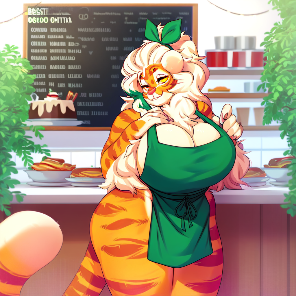 solo, 1girl, female, buxbi, smile, BREAK naked apron, green apron, cleavage, BREAK indoors, restaurant, colorful, looking at viewer, portrait, BREAK ((ultra-detailed)), ((best quality)), ((best quality)), ((beautiful eyes)), ((extremely detailed)), 4K, (8K), best quality, (beautiful), Master piece, highres, score_9, score_8_up, score_7_up, score_6_up, score_5_up, score_4_up, colorful, best quality, official art, highres, masterpiece, nai3, god light, detailed background, high quality background,