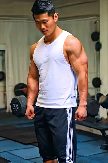 asian sexytrainer, tank top/sleeveless shirt, shorts/sweatpants/leggings, sneakers, gym, holding dumbbell/weightlifting, exercise, realistic, masterpiece, intricate details, detailed background, depth of field, photo of a handsome