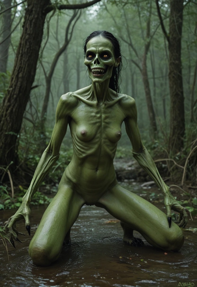 green saggy, green saggy, green saggy,  rotten, rotting, decayed, decomposed, (((old, skeleton))), ((((green skin black claws, eye yellow)))), undead crone, hag, old, crone, old witch, (black hair), very old skin, wrinkles , evil swamp, old_mary, (green skin woman) 1girl solo breasts, nipples, greed colored skin, skinny, (((skinny old green))) female, thighs ,nude old ,old skin, saggy , long black  hair , epic green lights, fighting stance ,good quality, good anatomy skinny anatomy masterpiece tiny head ratio to body, old_mary, oddly long limbs, skinny, saggy, ugly, weird, gross, wet, swamp, old, saggy, old saggy, monsterous, claws, fangs, evil smile. glowing green eyes, 100 years old