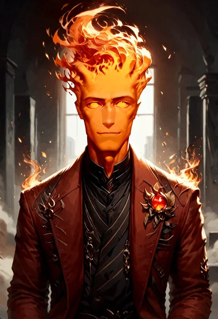 score_9, score_8_up, score_7_up, intricate details, rating_questionable,
<lora:dvr-gs:0.8>, dvr-gs, <lora:firehuman:1>,
1man(firehuman, fiery body, solo, cowboy shot, looking at the viewer, red iris, happy, bodybuilder, ), black background,
<lora:ral-chrosc-clr:0.5>, ral-chrosc-clr,
<lora:Expressive_H:0.5>
<lora:xl_more_art-full_v1:0.3>,
<lora:add-detail-xl:0.3>,