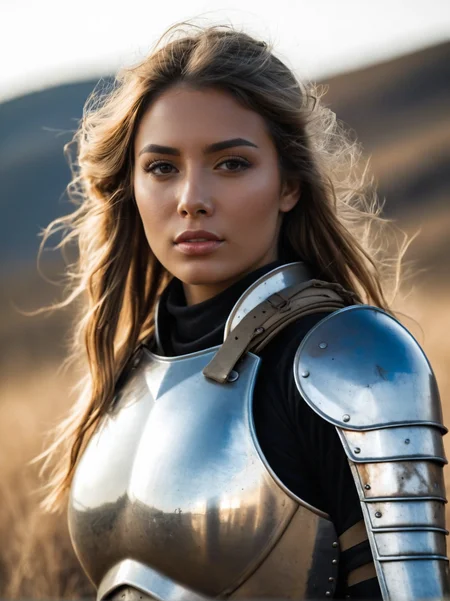 A dynamic cinematic photograph of Andrea_Michaels_P_MXAI_SDXL , wearing full plate armor, in a battlefield, windblown hair, smudges, dirt, windblown hair,, SK_CINEMATIC, ziprealism