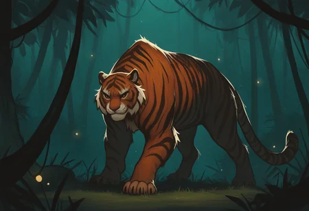 very awa, masterpiece, best quality, hightres, absurdres, pixelPaint, nature, scenery, no humans, jungle, fireflies, tiger, <lora:PixelPaintStylez-IL:1>