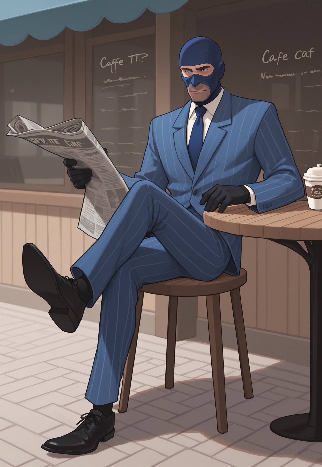 anime, masterpiece, best quality, detailed background, 8k, 1boy, solo, spy (tf2), mature man, blue eyes, blue ski mask, white shirt, blue tie, pinstripe suit, blue suit, black gloves, pinstripe pants, blue pants, black shoes, relaxed, cafe, sitting, crossing leg, newspaper, outdoors, cafe table, daylight, holding newspaper, looking at newspaper, pose