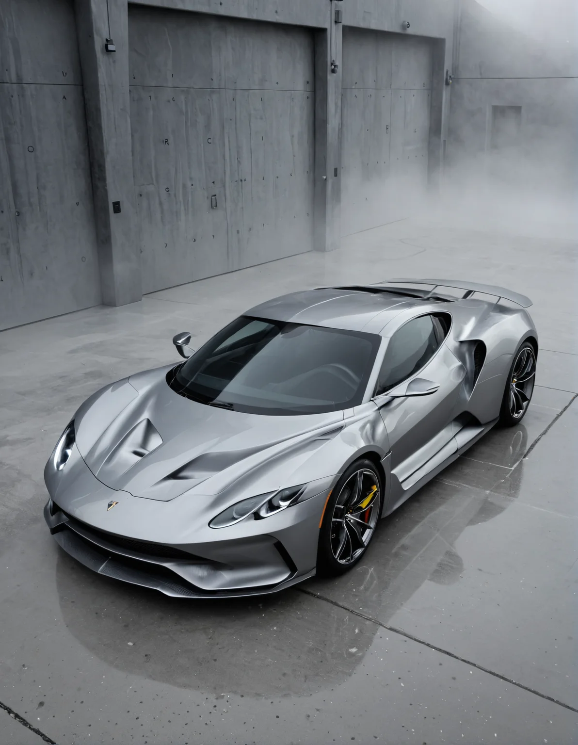 ethereal fantasy concept art of  <lora:Zoom_Cars:1>,Cornelisz Hendriksz Vroom,, a silver sports car parked on a concrete floor in a garage with foggy background and a black and white photo [21], . magnificent, celestial, ethereal, painterly, epic, majestic, magical, fantasy art, cover art, dreamy
