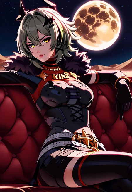 <lora:caesar-king-ponyxl-lora-nochekaiser:1>, caesar king, green hair, short hair, hair between eyes, sidelocks , yellow eyes, confident, hair intakes, v-shaped eyebrows, fierce fase, side look, look at viewer
black gloves, black shorts, black shirt, black thighhighs, gloves, black skirt, grey belt, fur-trimmed jacket, elbow gloves, fur trim, hair ornament, open jacket, emblem, black horns,
Sit on couch, leaning against couch's sidearm, look from side, view from below
Red desert on background, night, starts, white yellow moon, wind