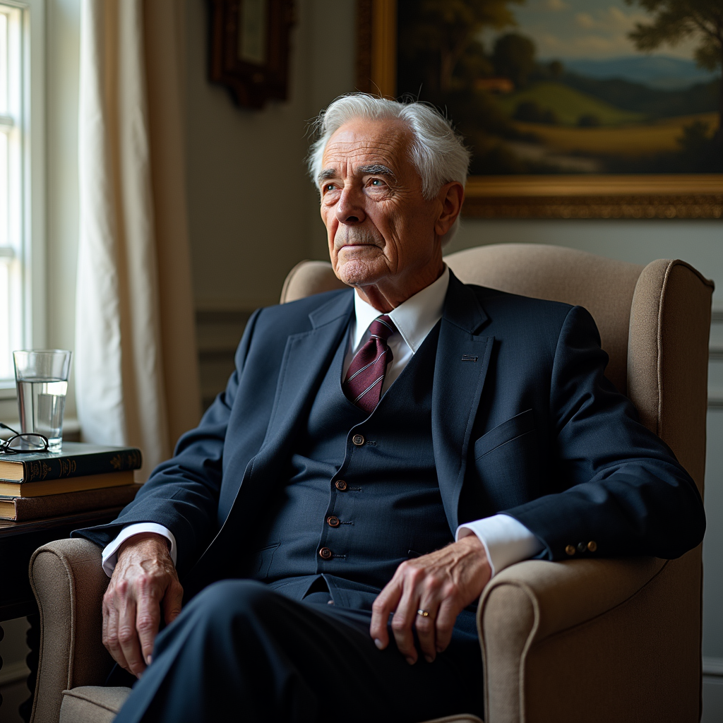 The portrait is a striking depiction of an elderly man, who appears to be in his late 60s or early 70s. He is seated in a plush armchair, positioned near a large window that lets in a soft, natural light. The light illuminates his face, highlighting his weathered skin, deep-set wrinkles, and the gentle curve of his cheeks. His eyes, a piercing blue, are full of life and wisdom, and they seem to tell a story of their own.
The man is dressed in a smart three-piece suit, which is a deep navy blue. The suit is tailored to fit his slender frame perfectly, and it complements his silvery-white hair, which is styled neatly and brushed back from his forehead. His white shirt is crisp and clean, and it contrasts nicely with the dark blue of his suit. He wears a maroon tie, which has a subtle pattern of thin, silver stripes running through it.
The room in which the man is seated is tastefully decorated, with a muted color palette of soft beiges, creams, and browns. There is a small side table next to the armchair, on which there is a stack of books, a glass of water, and a pair of reading glasses. The wall behind the man is adorned with a few pieces of artwork, including a large oil painting of a pastoral scene.
The man's posture is upright and regal, and he exudes an air of confidence and authority. His hands are folded neatly in his lap, and his fingers are long and slender. He has a thoughtful expression on his face, as if he is lost in deep thought.
Overall, the portrait is a powerful and evocative depiction of an elderly man who is full of life, wisdom, and experience. The use of light and shadow, as well as the man's clothing and surroundings, all contribute to a sense of depth and complexity that is both captivating and inspiring.