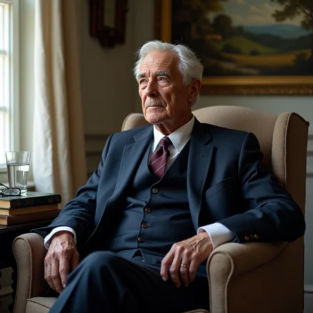 The portrait is a striking depiction of an elderly man, who appears to be in his late 60s or early 70s. He is seated in a plush armchair, positioned near a large window that lets in a soft, natural light. The light illuminates his face, highlighting his weathered skin, deep-set wrinkles, and the gentle curve of his cheeks. His eyes, a piercing blue, are full of life and wisdom, and they seem to tell a story of their own.
The man is dressed in a smart three-piece suit, which is a deep navy blue. The suit is tailored to fit his slender frame perfectly, and it complements his silvery-white hair, which is styled neatly and brushed back from his forehead. His white shirt is crisp and clean, and it contrasts nicely with the dark blue of his suit. He wears a maroon tie, which has a subtle pattern of thin, silver stripes running through it.
The room in which the man is seated is tastefully decorated, with a muted color palette of soft beiges, creams, and browns. There is a small side table next to the armchair, on which there is a stack of books, a glass of water, and a pair of reading glasses. The wall behind the man is adorned with a few pieces of artwork, including a large oil painting of a pastoral scene.
The man's posture is upright and regal, and he exudes an air of confidence and authority. His hands are folded neatly in his lap, and his fingers are long and slender. He has a thoughtful expression on his face, as if he is lost in deep thought.
Overall, the portrait is a powerful and evocative depiction of an elderly man who is full of life, wisdom, and experience. The use of light and shadow, as well as the man's clothing and surroundings, all contribute to a sense of depth and complexity that is both captivating and inspiring.