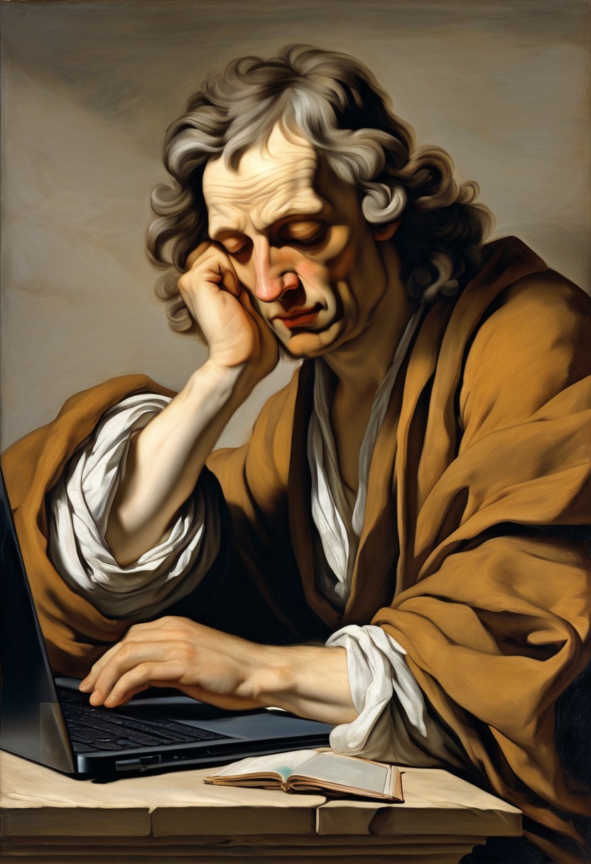 detailxl, high quality, intricate, painting of,
( man, closed eyes, looking down) (at laptop:1.25),
(isaac newton:0.9),
 sitting, front view, 
(indoor background),
 (by Theodore Gericault:1.3)