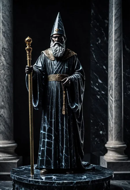 Fujifilm XT3, Sony A7 IV, (award winning photography) a (black: 0.79) marble wizard man in robe with beard and staff wizard hat (statue: 1.39) made of opal (Kintsugi: 0.89) set on a pedestal in temple, glistening. in the background beautiful pillars, divine (iridescent: 0.79), opalescent textures, volumetric light, ethereal, sparkling, studio photo, highly detailed, sharp focus (highest quality: 1.39) (highest coherency: 1.39) (award winning photography), highly detailed photography, (muted colors, cinematic, dim colors, soothing tones:1.2), vibrant, insanely detailed, hyperdetailed, (dark shot:1.2), (vsco:0.3), (intricate details:0.9), (hdr, hyperdetailed:1.2) (vignette), sss, raw photo, fijifilm, kodak, cinematic film grain, mesopotamian, babylonian