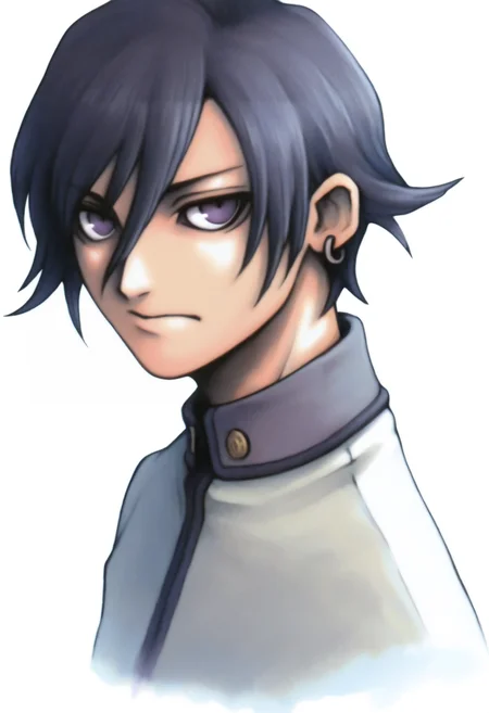 masterpiece, best quality, solo, 1boy, looking at viewer, <lora:FF7-Portraits-illus_Fp:1>, simple background, portrait, white background, <lora:Naoya-illus_Fp:1>, naoyap1, black hair, purple eyes, school uniform, hair between eyes, short hair, single earring,