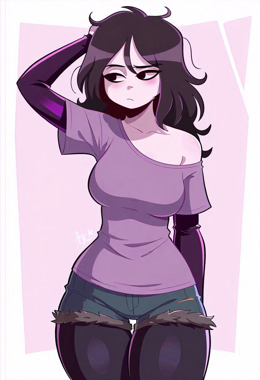 masterpiece, best quality, newest, absurdres, highres, safe, ArmasDraws, solo, 1girl, black hair, long hair, messy hair, white skin, left arm raised, thighhighs, purple shirt, dark sleeves, breasts, off shoulder, jean shorts, black leggings, black eyes, bored, looking to side, medium shot, portrait, simple background