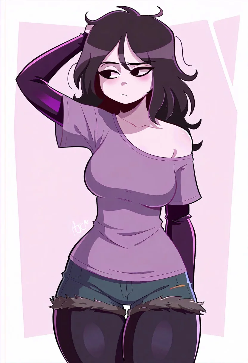 masterpiece, best quality, newest, absurdres, highres, safe, ArmasDraws, solo, 1girl, black hair, long hair, messy hair, white skin, left arm raised, thighhighs, purple shirt, dark sleeves, breasts, off shoulder, jean shorts, black leggings, black eyes, bored, looking to side, medium shot, portrait, simple background
