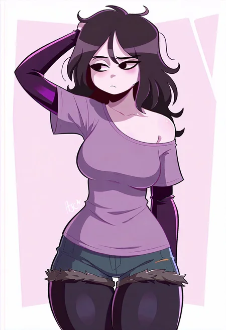 masterpiece, best quality, newest, absurdres, highres, safe, ArmasDraws, solo, 1girl, black hair, long hair, messy hair, white skin, left arm raised, thighhighs, purple shirt, dark sleeves, breasts, off shoulder, jean shorts, black leggings, black eyes, bored, looking to side, medium shot, portrait, simple background