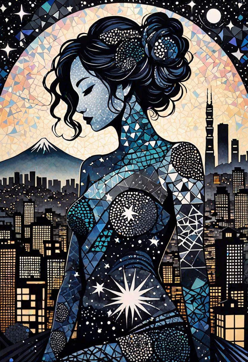 inky silhouette of a fragmented woman with dot-speckled skin, nestled in a mosaic of monochrome and metallix hues, sprouting zentangle limbs amidst an urban ukiyo-e skyline, under a star-tinged graffiti nebula that breathes uncanny life