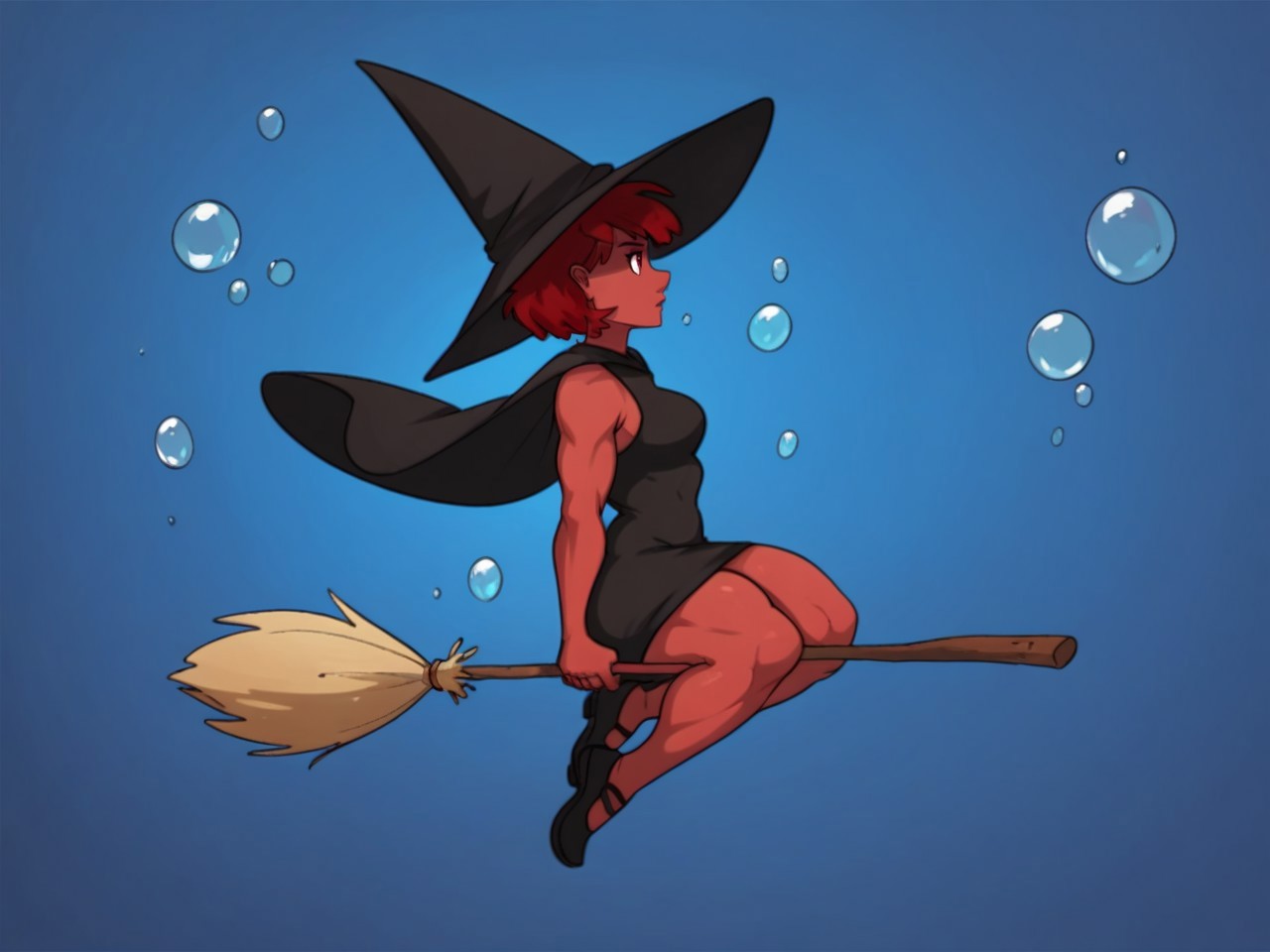 score_9, score_8_up, score_7_up, score_9, score_8_up, score_7_up, qc, \bubbles\, red hair, short hair, colored skin, red skin, red eyes, muscular female, muscle mommy, thick thighs, thick body, black dress, witch hat, broomstick, flying, night
