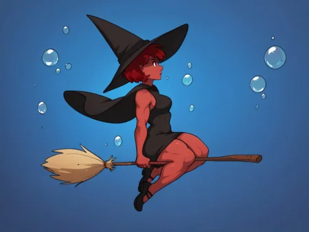 score_9, score_8_up, score_7_up, score_9, score_8_up, score_7_up, qc, \bubbles\, red hair, short hair, colored skin, red skin, red eyes, muscular female, muscle mommy, thick thighs, thick body, black dress, witch hat, broomstick, flying, night