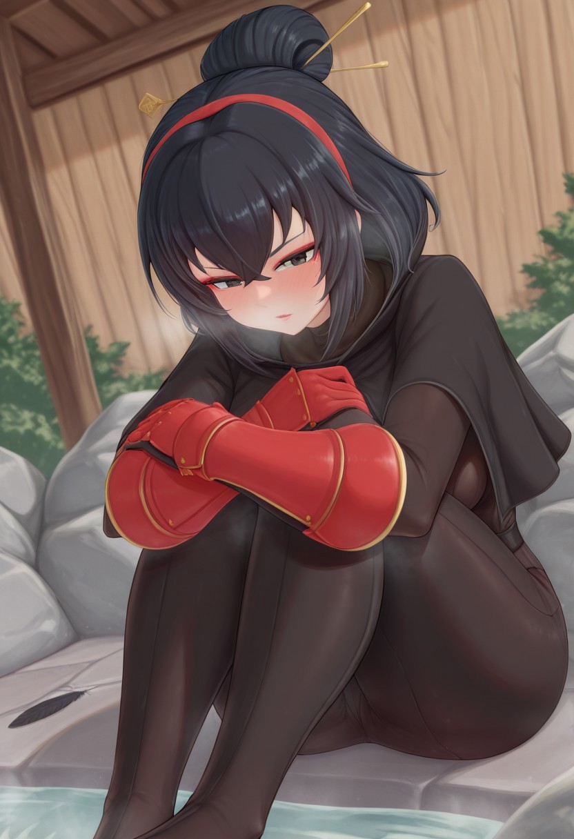 creamcod,  outdoors, undershirt, falling feathers, black bodysuit, hair stick, hugging knees, knees to chest, gauntlets, eyeshadow, red gloves, two sides up, black capelet, red hairband, black eyes, 1girl, solo, feet, visible breath, dynamic angle, foreshortening, smell, steam, onsen, water