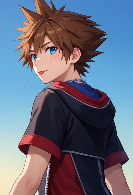 score_9, score_7_up, source_anime
sora, 1boy, male focus, solo, blue eyes, brown hair, spiked hair, blue shirt, red shirt, multicolored shirt, jewelry, necklace, jacket, multicolored jacket, multicolored clothes, black jacket, red jacket, hood, buttons, short sleeves, from back, looking back, tongue out, upper body,
outdoor, sky,