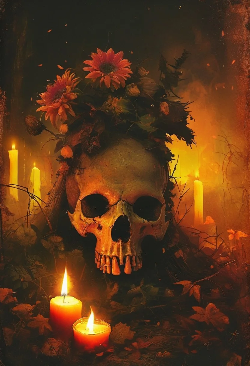 still life of autumn flowers in warm hues of orange, red, and yellow, placed alongside a weathered human skull, a curious rat with soft pink fur peeking around the skull, scattered leaves and Samhain symbols like pumpkins and candles in the background, an eerie yet peaceful atmosphere
in the style of hauntingly atmospheric dark fantasy, VHS, horror, 80's horror with vibrant colors
, the scene is captured in dimly lit dark fantasy but vibrant colors, with bold ink lines defining form against the watercolor wash of the aged paper