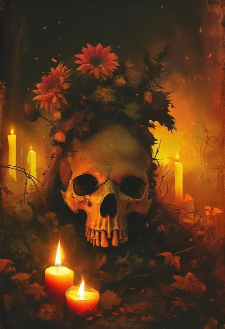 still life of autumn flowers in warm hues of orange, red, and yellow, placed alongside a weathered human skull, a curious rat with soft pink fur peeking around the skull, scattered leaves and Samhain symbols like pumpkins and candles in the background, an eerie yet peaceful atmosphere
in the style of hauntingly atmospheric dark fantasy, VHS, horror, 80's horror with vibrant colors
, the scene is captured in dimly lit dark fantasy but vibrant colors, with bold ink lines defining form against the watercolor wash of the aged paper