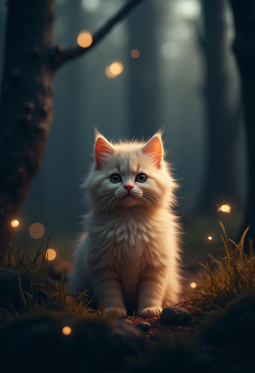 photorealistic,. a realistic fluffy kitten, Illiminated title "My Flux Didn't Get Debited" in front him. surrounded dark forest. a few fireflies .very detailed, amazing quality, intricate, cinematic light, highly detail, beautiful, cinematic lighting