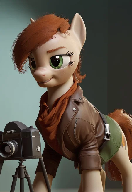 score_9, score_8_up, score_7_up pony Mary Jane freckles clothes taking pics with a camera of a crime as a pony