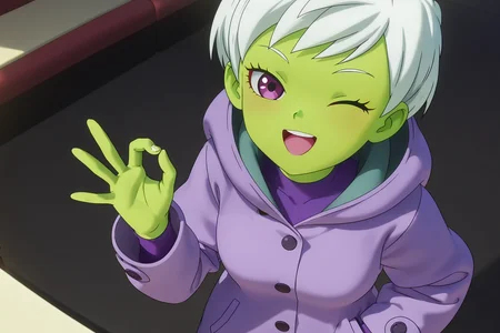 anime screencap, absurdres, high quality, official style,
cheelai, 3d animation, 1girl, solo, looking at viewer, smile, short hair, open mouth, purple eyes, white hair, one eye closed, eyelashes, colored skin, green skin, ;d, ok sign, coat, buttons, purple shirt, undershirt, hood down, hand in pocket, dappled sunlight, from above
<lora:Cheelai_IL:0.8>
