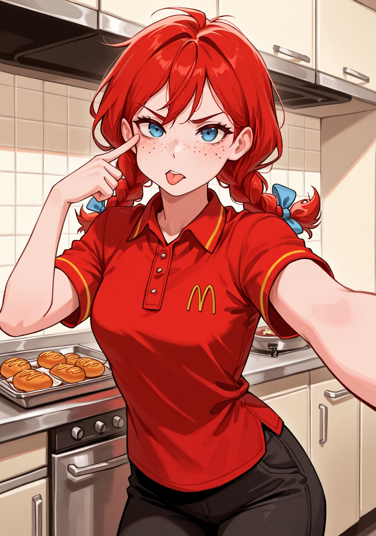 masterpiece, best quality, 1girl, solo, w3ndys, freckles, long hair, red hair, low twin braids, hair bow, blue bow, McUniform, red shirt, employee uniform, polo shirt, kitchen, indoors, selfie, outstretched arm, taking picture, black pants, (food:1.2), reaching towards viewer, looking at viewer, blue eyes, cowboy shot, akanbe, eyelid pull, finger to eye, tongue out, v-shaped eyebrows, parted lips