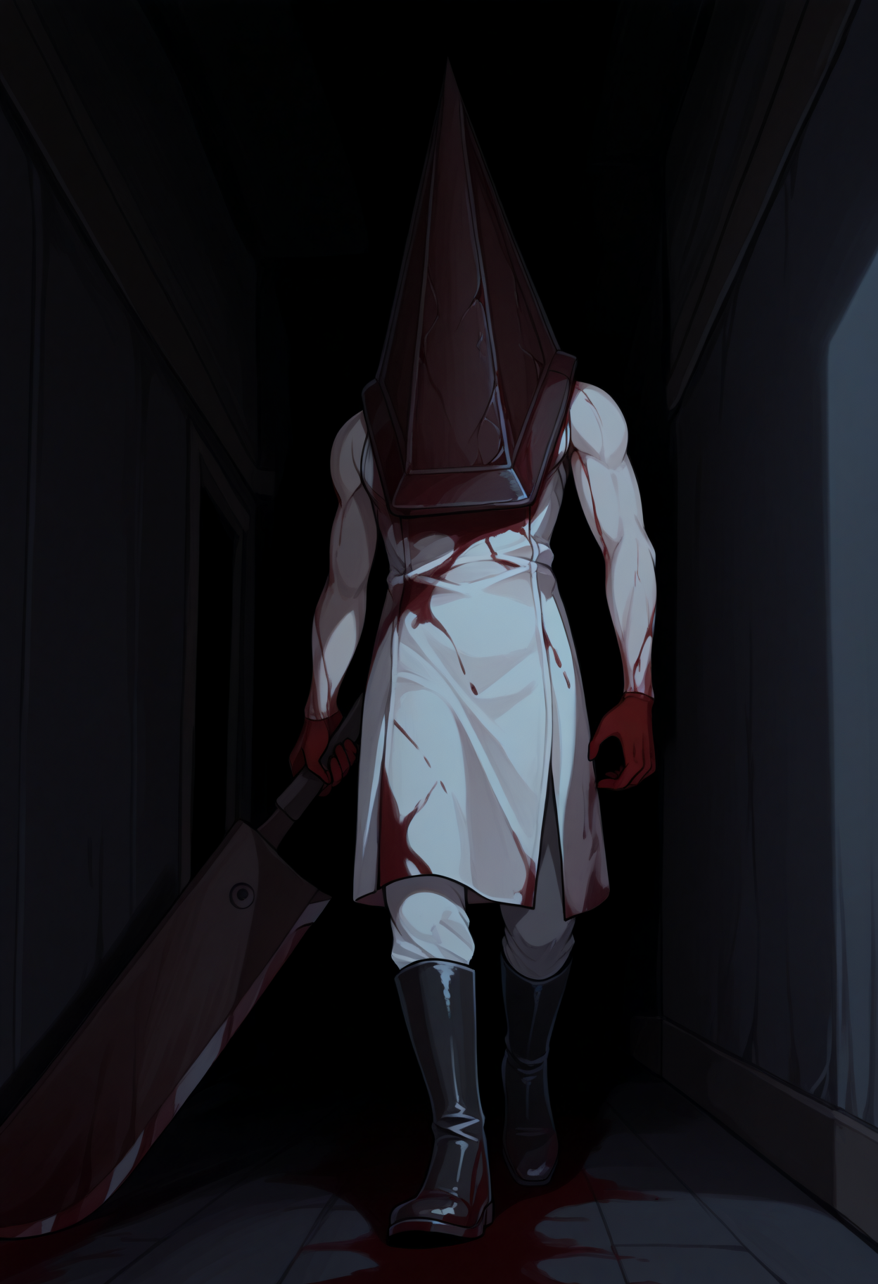 masterpiece, best quality, 1boy, solo, Pyram1dHead, helmet, white coat, sleeveless, blood on clothes, white pants, boots, dark, dark theme, horror \(theme\), holding weapon, huge sword, indoors, hallway, walking, <lora:ChamPyramidHeadIllustriousXL:1>