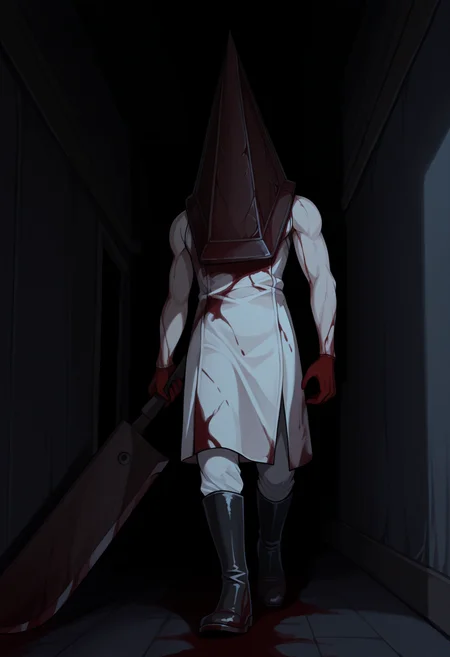 masterpiece, best quality, 1boy, solo, Pyram1dHead, helmet, white coat, sleeveless, blood on clothes, white pants, boots, dark, dark theme, horror \(theme\), holding weapon, huge sword, indoors, hallway, walking, <lora:ChamPyramidHeadIllustriousXL:1>