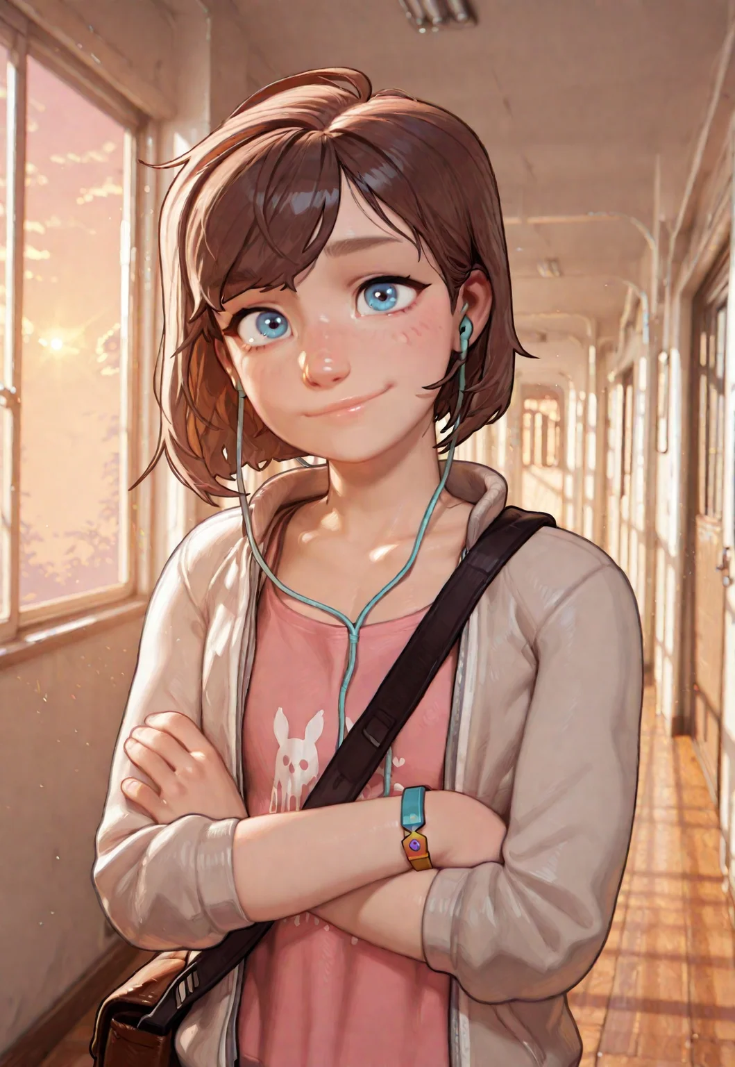 official art, masterpiece, best quality, amazing quality, arrusa, eigaka, possmach, andilf, 1 girl, solo girl, flat chests, young, skinny, maxcaulfieldlis, brown hair, blue eyes, satchel, earphones, jacket, pink shirt, bracelet, arms crossed, looking at viewer, light smile, college, hallway, lockers, sunrays, sunset, detailed scenery