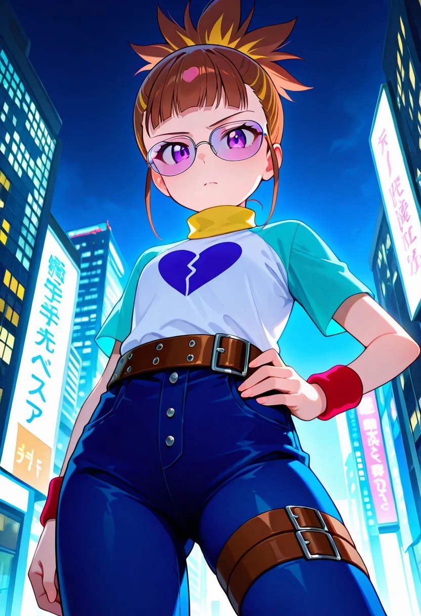masterpiece, best quality, newest, absurdres, highres,
cowboy shot, standing up, looking at viewer,
1girl, solo, Ruki Makino, Two-Tone Hair, multicolored hair, medium hair, blonde hair, brown hair, purple eyes, ponytail, wristband, Two-Tone Shirt, t-shirt, heart print, turtleneck, belt, jeans, Thigh Strap, purple tinted glasses, small frame
hand on hip, serious expression, frowning, in city, at night, low angle view, dynamic angle,
