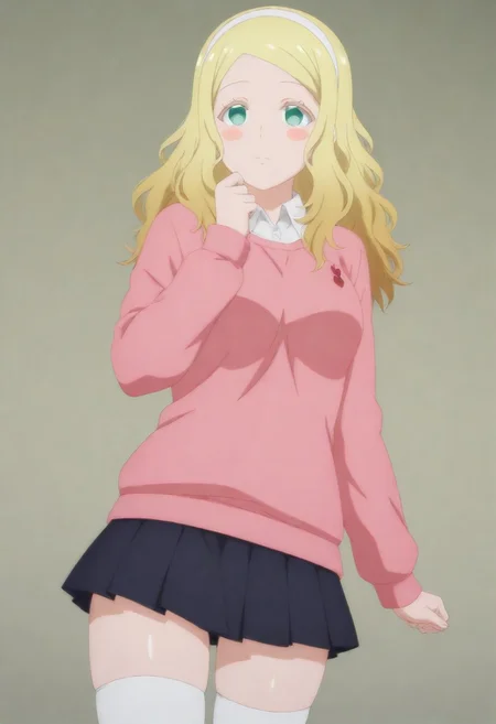 masterpiece, best quality, amazing quality,,, shiny skin,,,,,, <lora:carol-olston-s1-illustriousxl-lora-nochekaiser:1>, carol olston, long hair, blonde hair, green eyes, hairband, blush stickers,, anime screencap, skirt, thighhighs, pleated skirt, sweater, white thighhighs, zettai ryouiki, pink sweater, pink cardigan,,