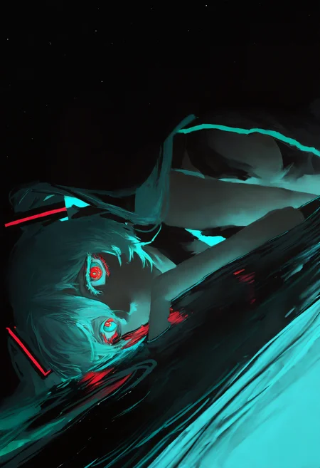 painterly, hatsune miku, artist:[yoneyama mai|cursedweeboo|daodtt|diao \(nrays\)|ravine bells],

solo, looking at viewer, colored eyelashes, long eyelashes, makeup, aqua eyes, red eyes, multicolored eyes, multicolored hair, circle formation, single vertical stripe, black theme, aqua theme, ocean, lying, on side, bioluminescence, black theme, night sky, dark, deep glow, partially submerged, legs, 

newest, impasto, brushstroke, impressionism, chiaroscuro, oil painting \(medium\), newest, absurdres, masterpiece, very aesthetic