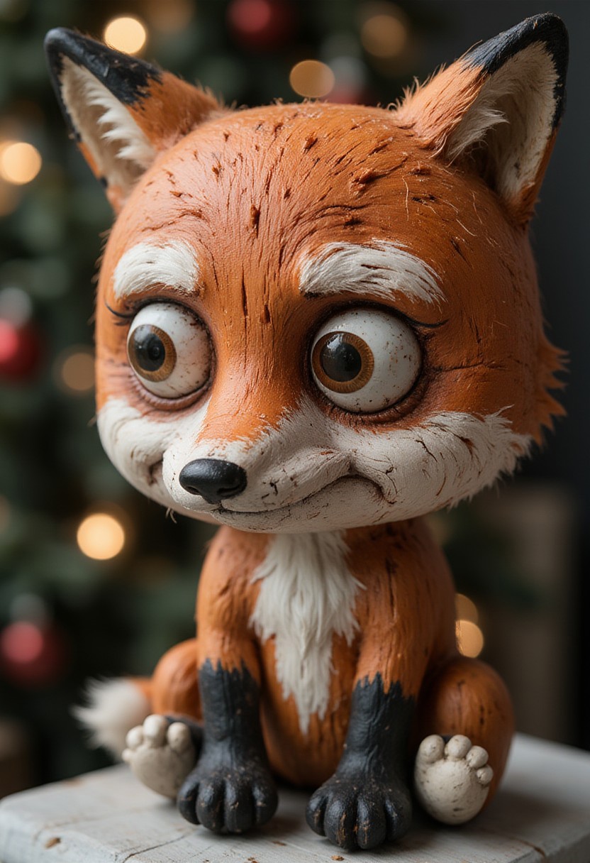 <lora:ck-old-wooden-christmas-toys-000016:1>, A high-quality, close-up photograph of a ck-owct style hand-painted wooden christmas toy featuring a stoned fox with megustaface expression