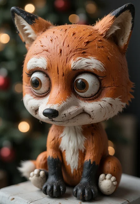<lora:ck-old-wooden-christmas-toys-000016:1>, A high-quality, close-up photograph of a ck-owct style hand-painted wooden christmas toy featuring a stoned fox with megustaface expression