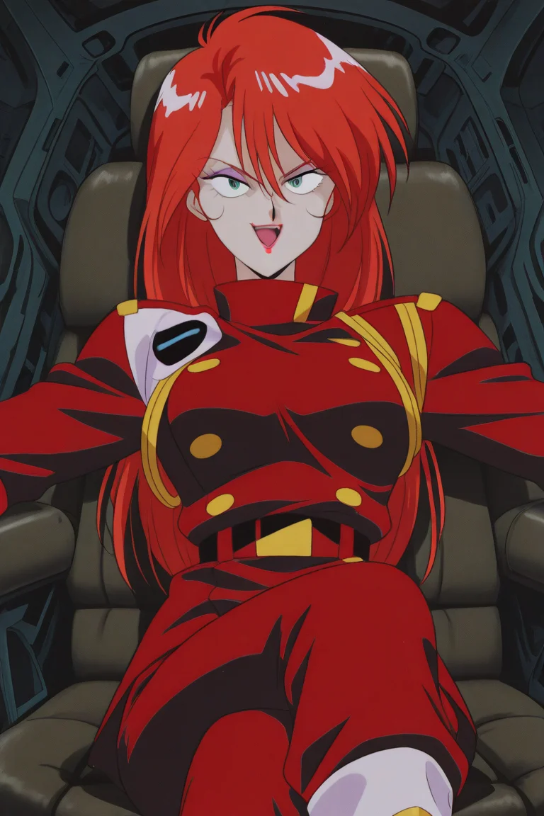 masterpiece, best quality, source_anime,official art,perfect_anatomy,1990s_\(style\),retro_artstyle,1girl,Grandis_Granva,red_hair,long hair,makeup,green eyes,lipstick,uniform,military uniform,white gloves,(beautiful detailed face,looking_at_viewer,smile,open_mouth),sitting on wide_leather_sofa,crossing_legs,white_boots,placing_arms_on_back_of_sofa,inside_cockpit