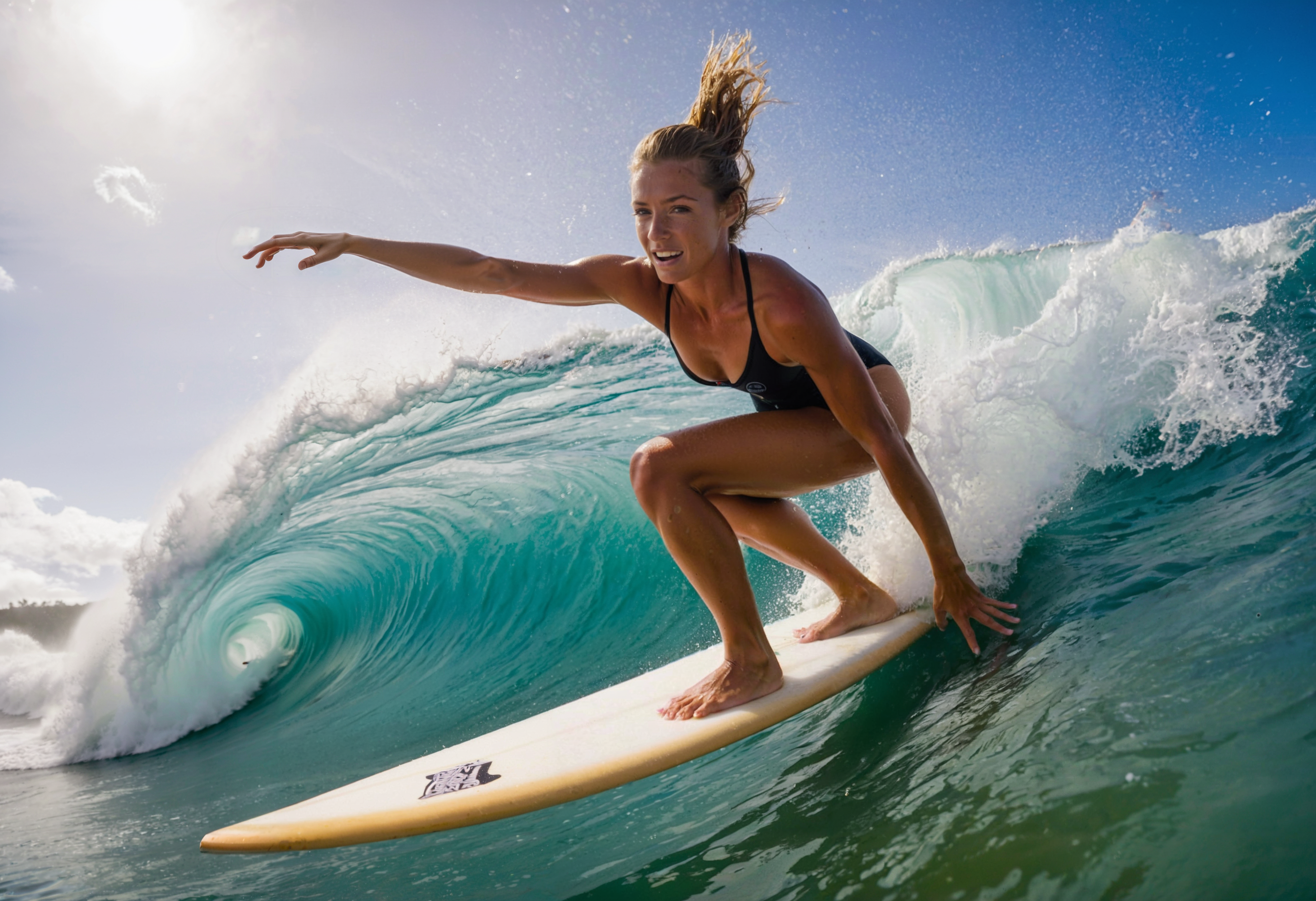 athletic woman on a surf board surfing on a wave barrel (freckles:0.2)