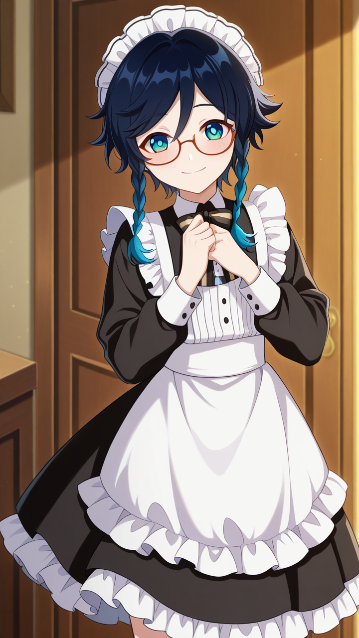 solo, smile, blush, glasses,, masterpiece, best quality, amazing quality, very aesthetic, absurdres, newest, anime screencap, <lora:ventiILM:1>, venti (genshin impact), short hair with long locks, aqua hair, green eyes, aqua eyes, blue hair, black hair, braid, gradient hair, twin braids, side braids, hair between eyes, androgynous,, maid, maid apron, frills, frilled dress, black dress, maid headdress, modern house,